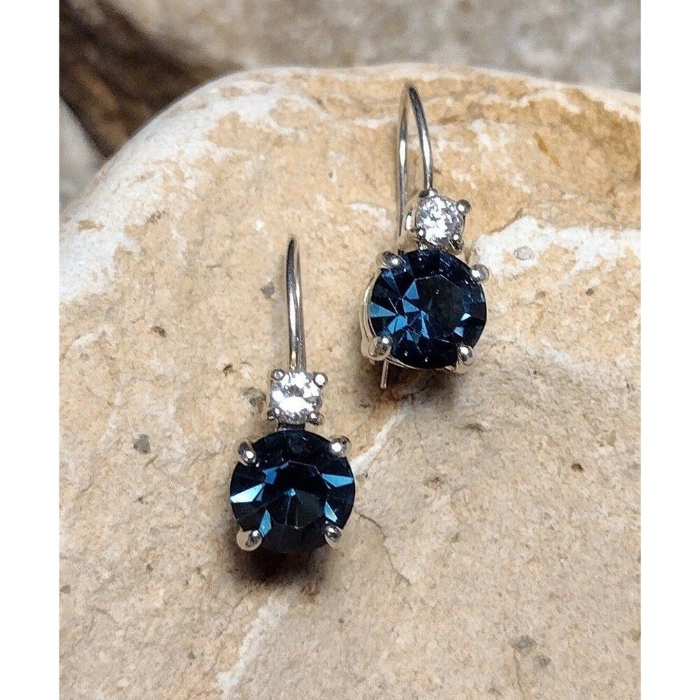 Vintage Sterling Silver Blue Sapphire CZ Drop Earrings
